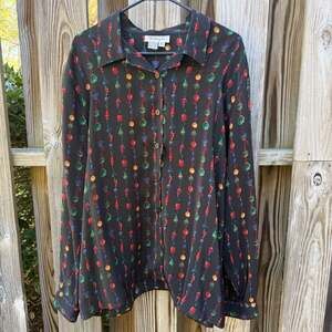 Vintage Talbots 100% Pure Silk Christmas Ornament Print Button Down Blouse 20